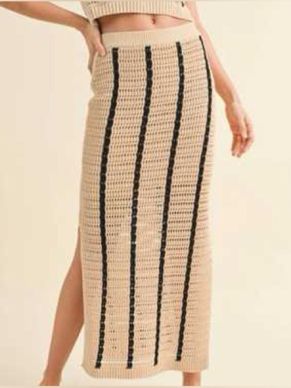 Beige Crochet Maxi Skirt with Black Vertical Stripes